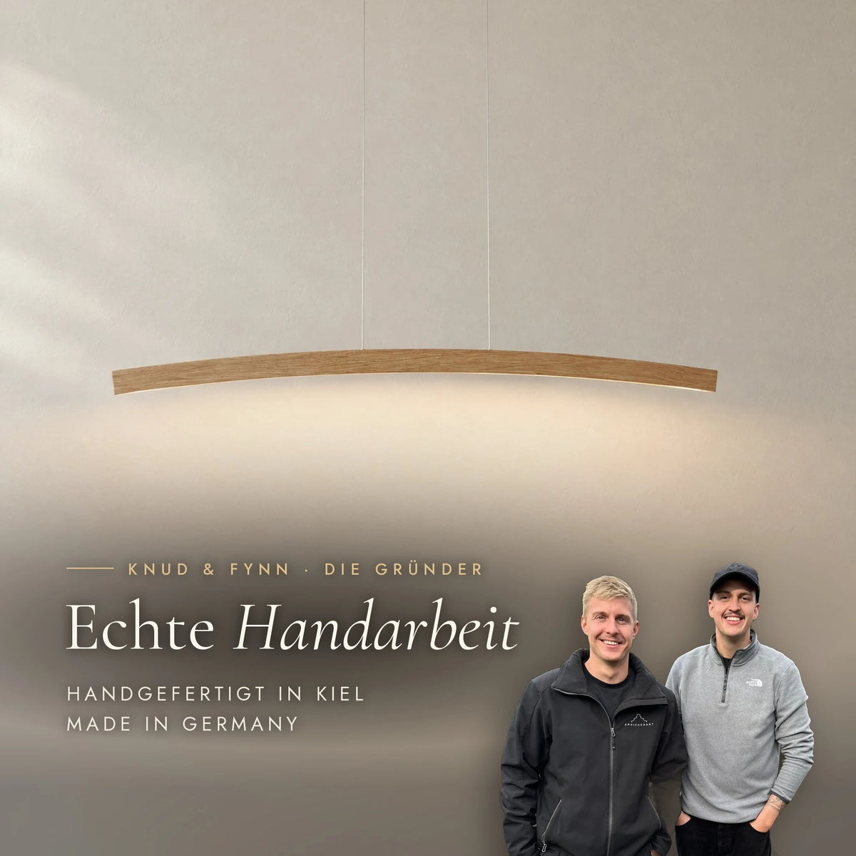 SpeicherArt founders Knud and Fynn with the Novara pendant light: genuine craftsmanship, handmade in Kiel