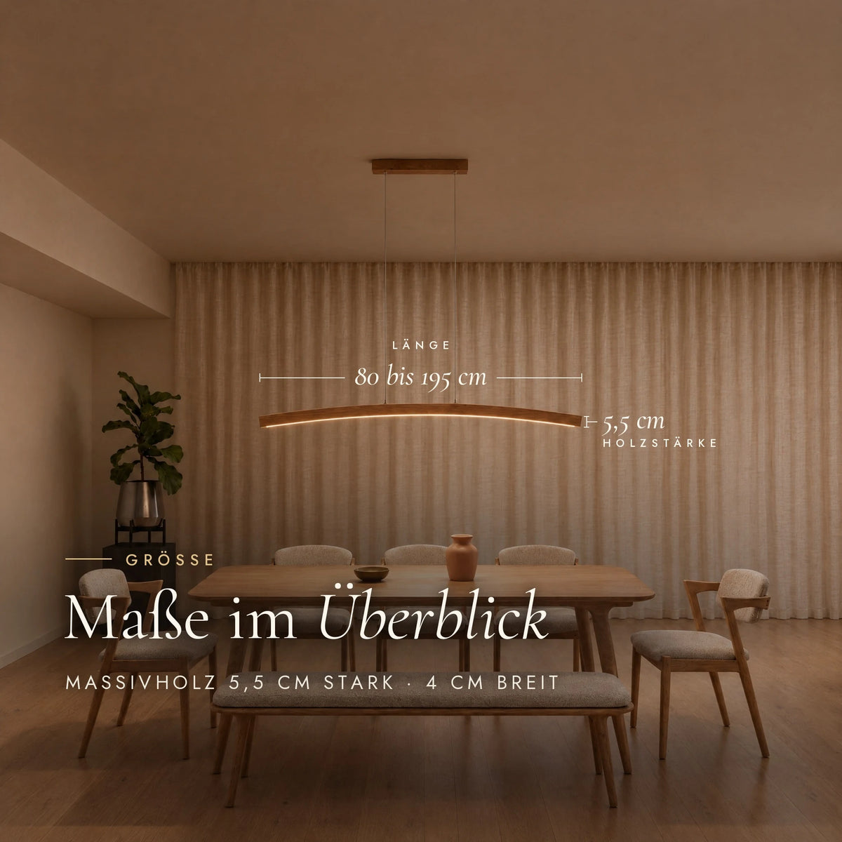 Dimensions of the Novara pendant light: length 80 to 195 cm, wood thickness 5.5 cm, width 4 cm, shown above a dining table