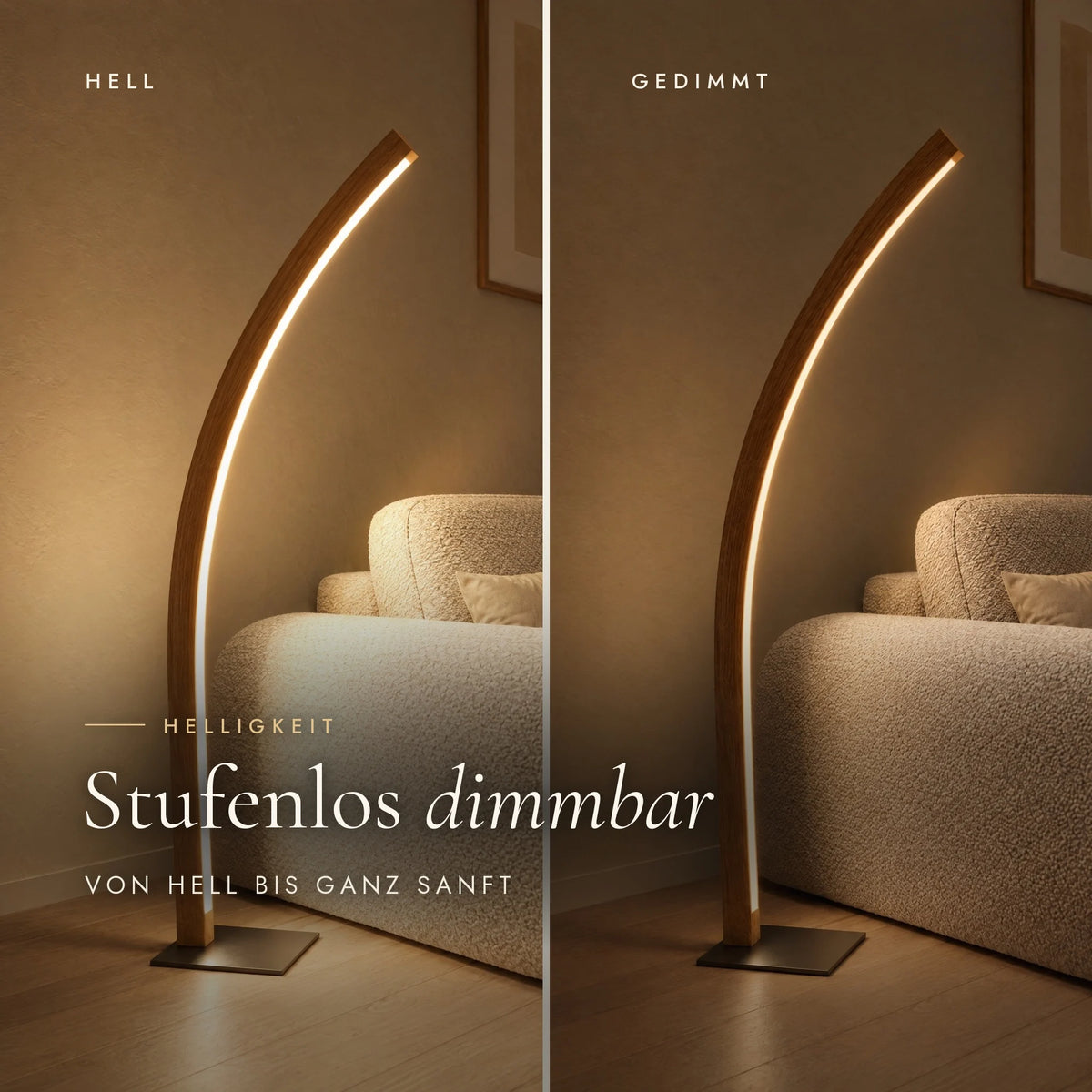 Solara floor lamp, continuously dimmable: bright and dimmed compared in the living room