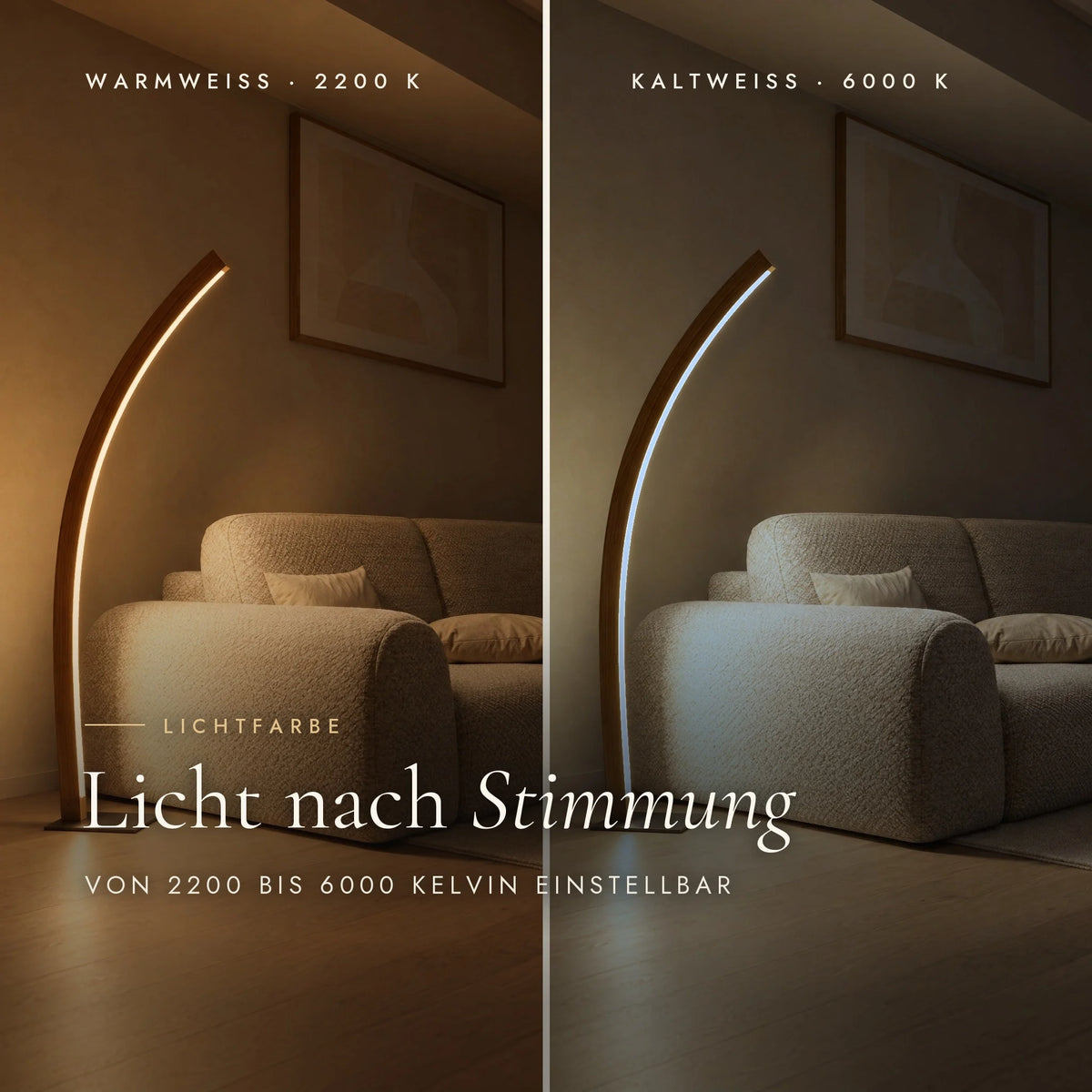 Solara floor lamp with adjustable colour temperature: warm white 2200 Kelvin and cool white 6000 Kelvin compared