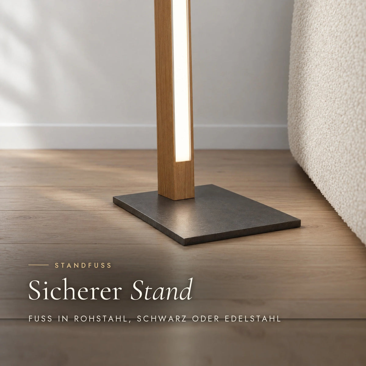Base of the Solara floor lamp: steel plate for a secure stand, available in raw steel, black or stainless steel