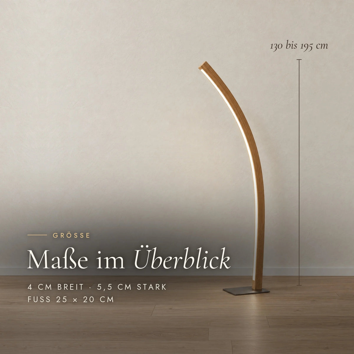 Dimensions of the Solara floor lamp: 130 to 195 cm high, 4 cm wide, 5.5 cm thick, base 25 × 20 cm