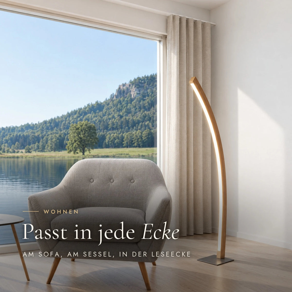 Solara floor lamp in the reading corner next to an armchair by the window