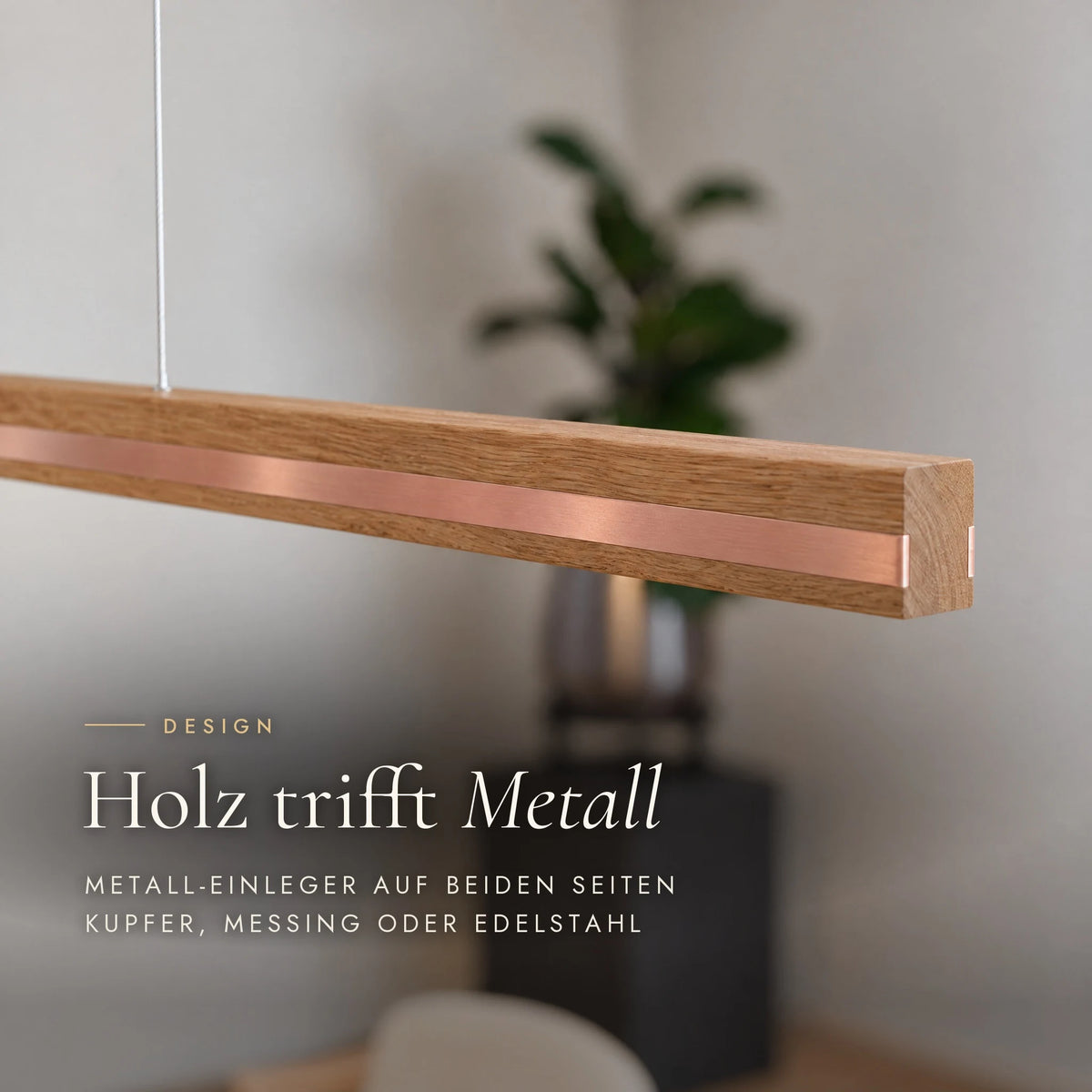 Close-up of the Veta pendant light: solid oak with an inset copper strip along the side