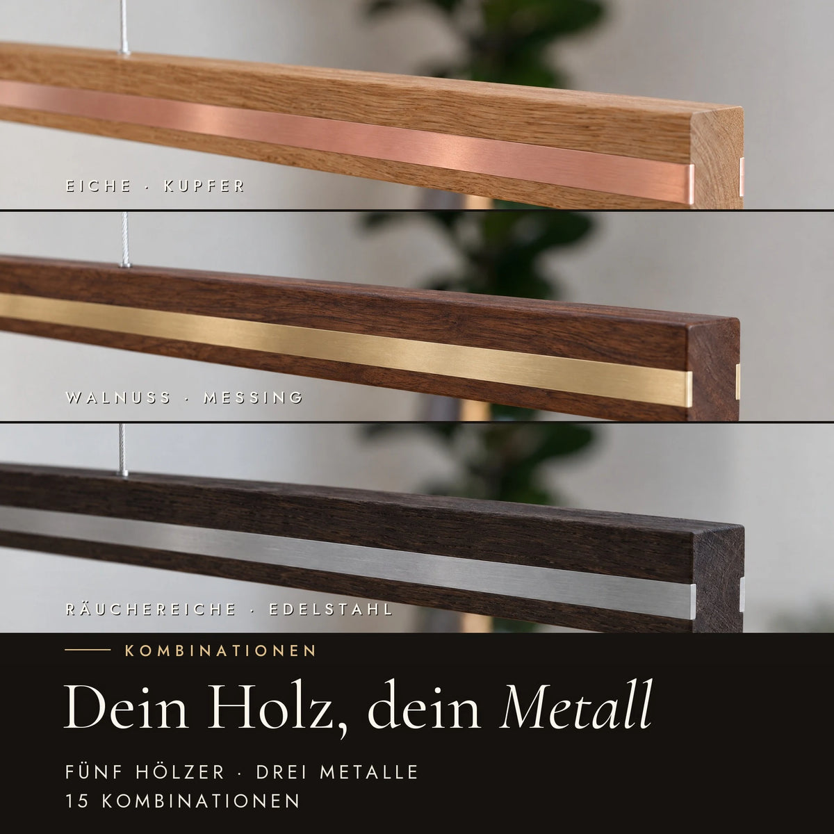 Veta pendant light in three combinations: oak with copper, walnut with brass, smoked oak with stainless steel
