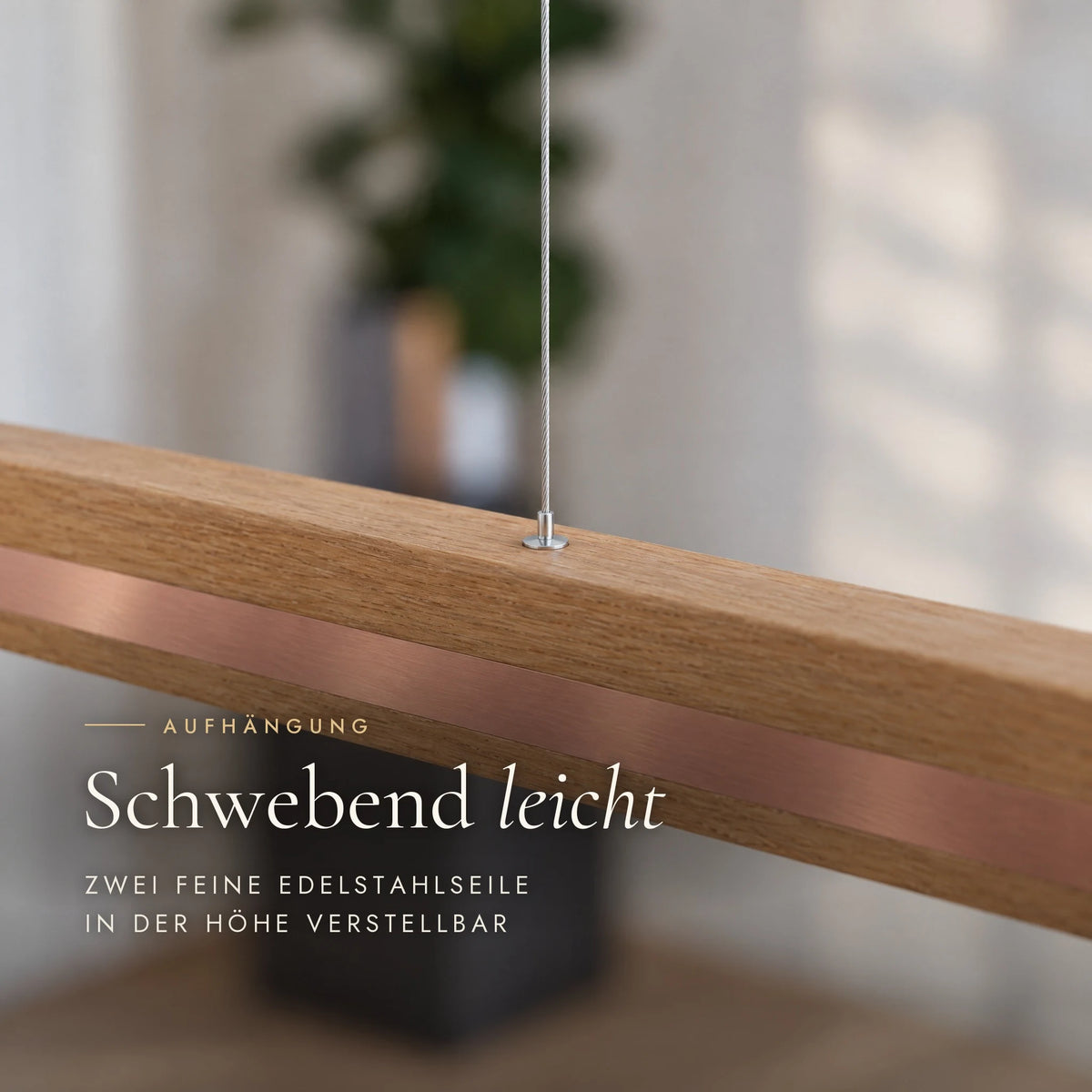 Veta pendant light suspended from two fine stainless steel cables, height-adjustable