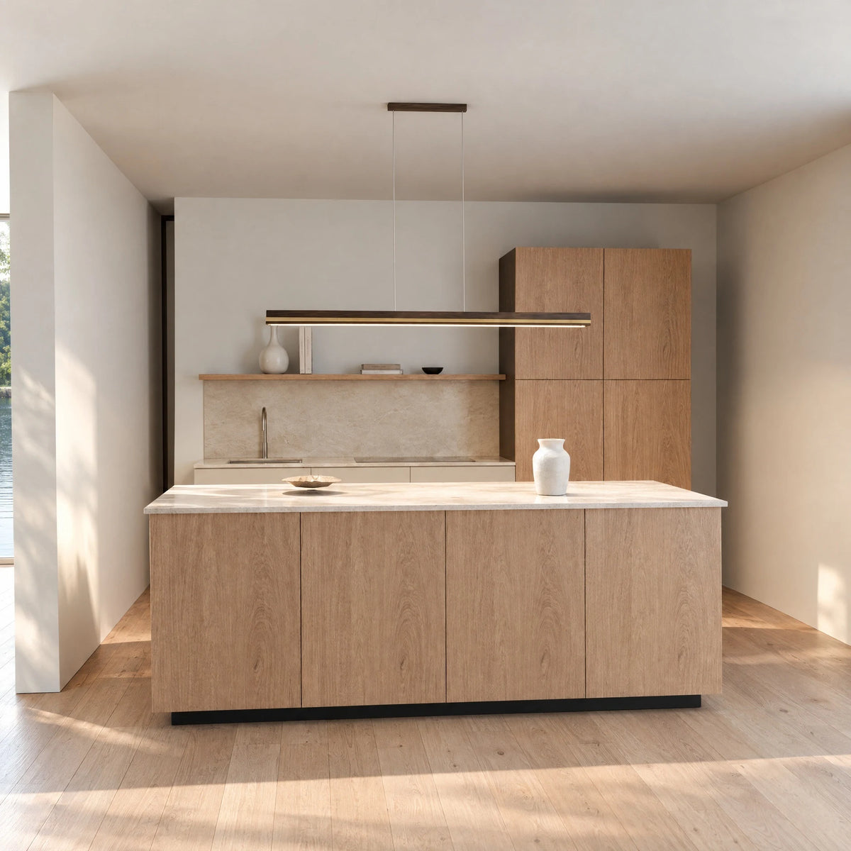 Veta pendant light in smoked oak with brass inlay above a kitchen island