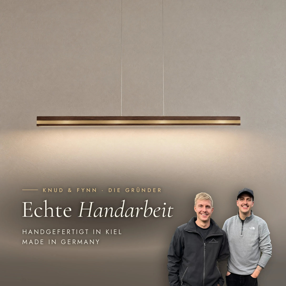 Knud and Fynn, the founders of SpeicherArt, with the Veta pendant light: handmade in Kiel